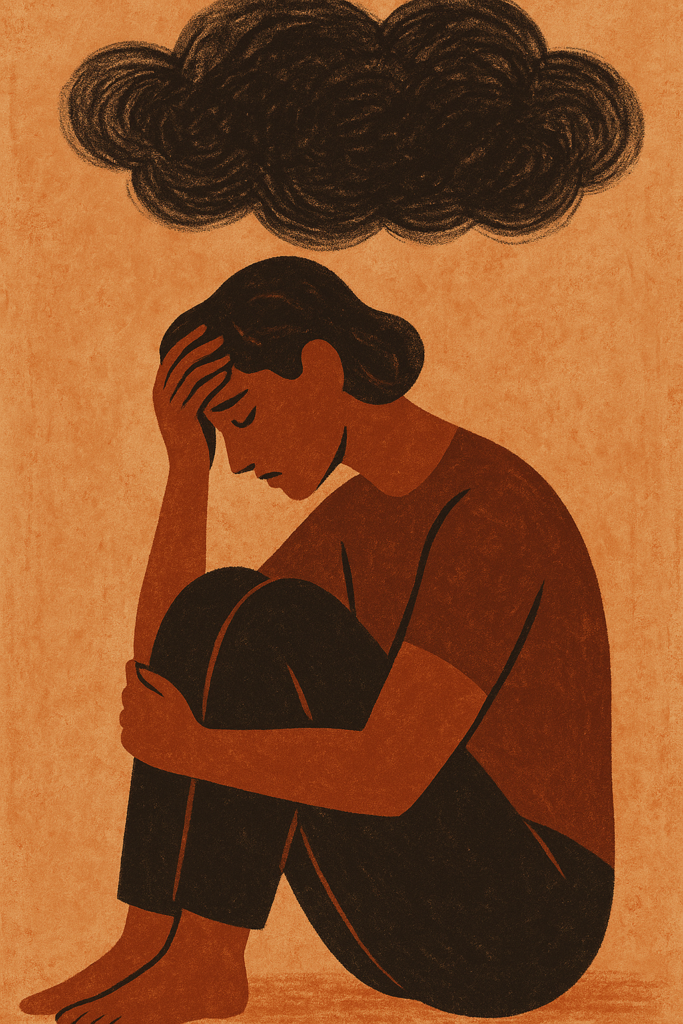 An illustrated figure sits curled inward beneath a dark cloud, symbolizing quiet emotional distress that is not immediately visible to others.